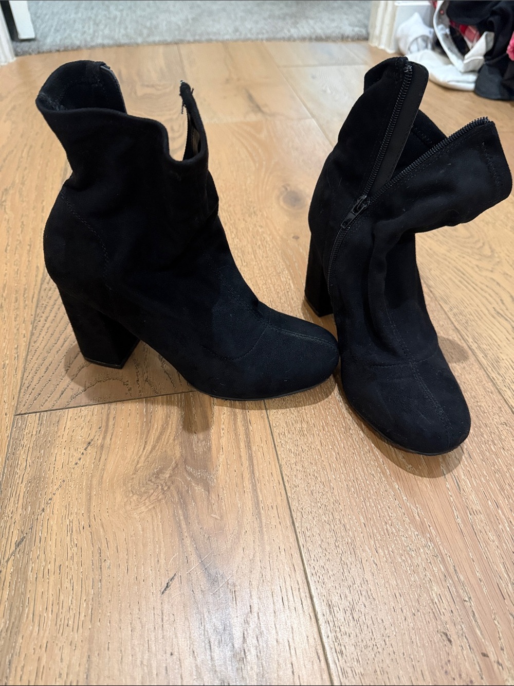 Black Suede Block Heel Ankle Boots - Women's Fashion Booties Size 7